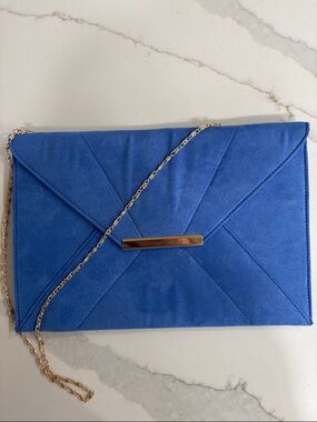 Blue Suede Envelope Clutch with Gold Bar Detail